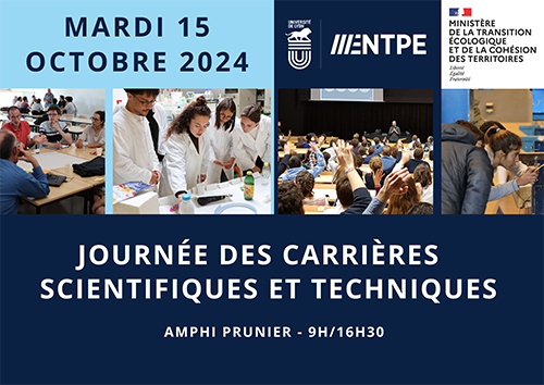 Destinée aux élèves de 2e et 3e années, tant civils que fonctionnaires, cette journée est un temps fort du cursus ingénieur de l'ENTPE. Elle a pour objectif de de les aider à construire leur parcours de formation et préparer leur projet professionnel en leur présentant les opportunités de carrière au sein du réseau scientifique et technique du Ministère de la transition écologique et de la cohésion des territoires (MTECT) Différents temps forts permettront de répondre à des questions générales mais aussi pr